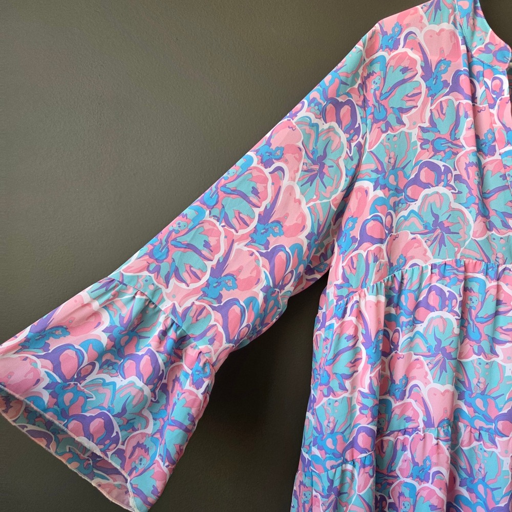 Simply Southern XXL Pink Blue Floral Tiered Maxi Dress Long Bell Sleeve V-Neck - Picture 3 of 8